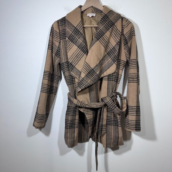 Entro Women's Wool-Blend Plaid Belted Wrap Coat Size S Camel Tan Brown Preppy - Picture 1 of 5